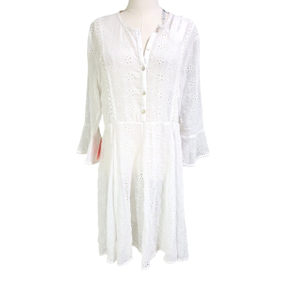Amelia Rose Eyelet Embroidered Dress Women 16 White New Boho Bell Sleeve Flare